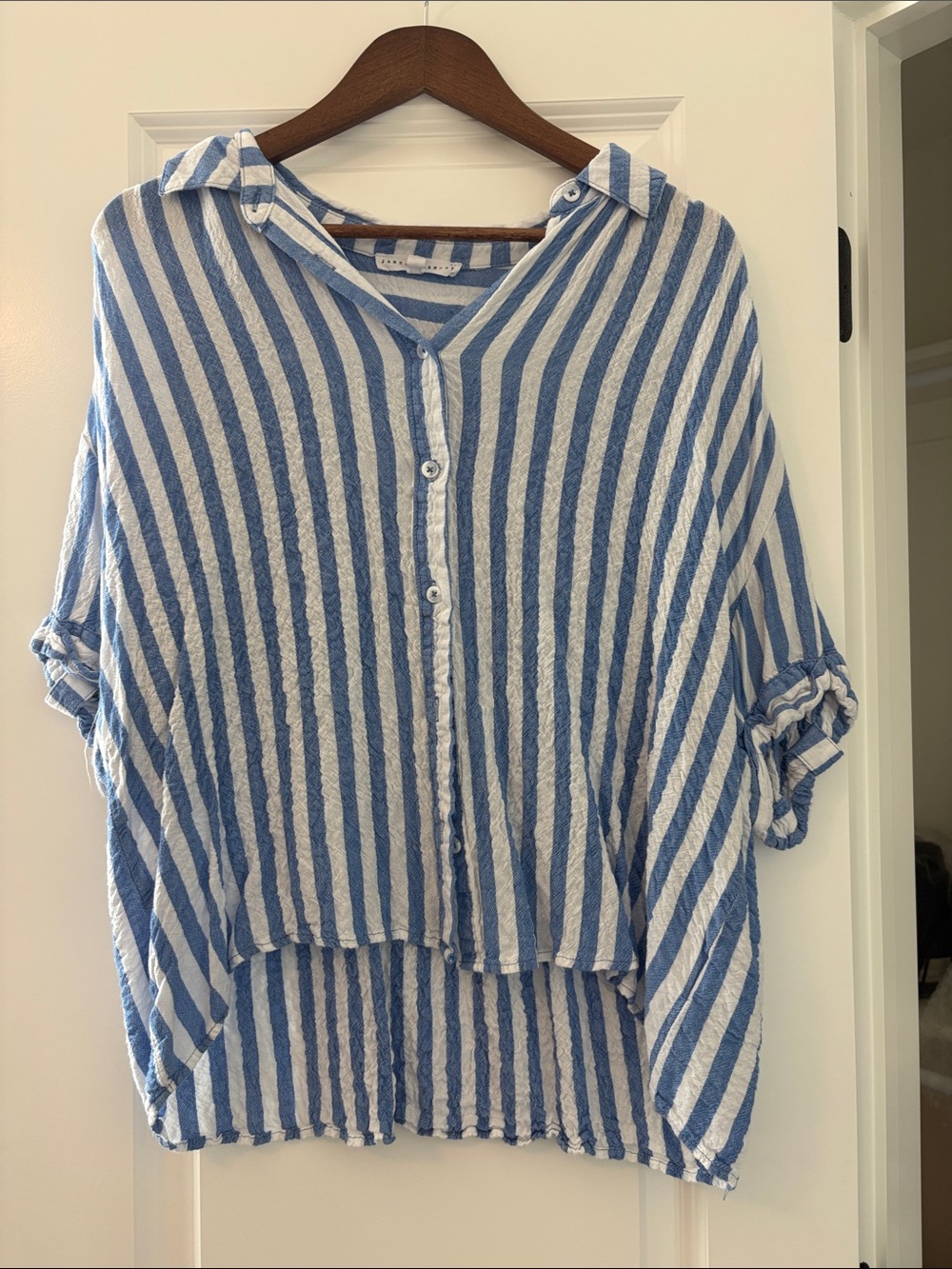 Women’s Blue & White Striped Button-Front Blouse